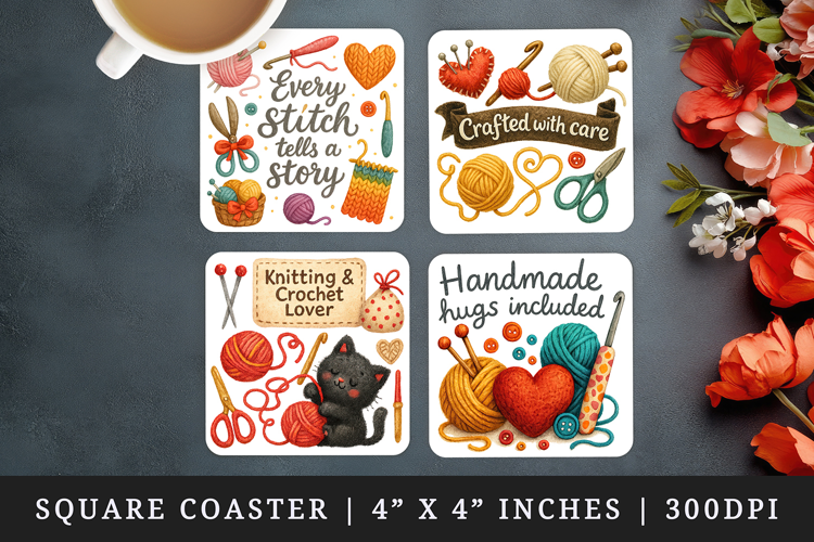 Knitting & Crochet square coaster sublimation design