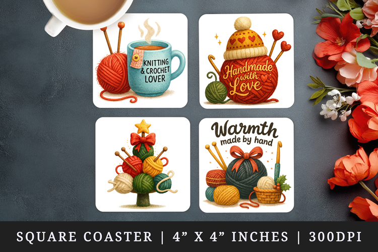 Knitting & Crochet square coaster sublimation design