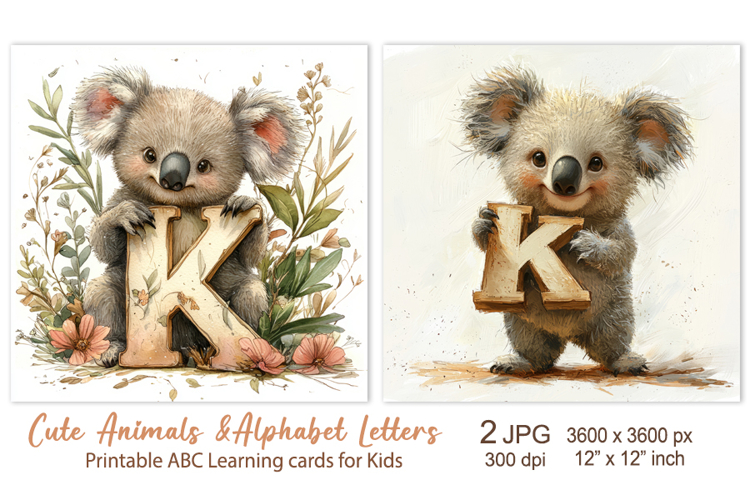 Cute Koala, Baby Animal Alphabet Letters ABC Printable cards