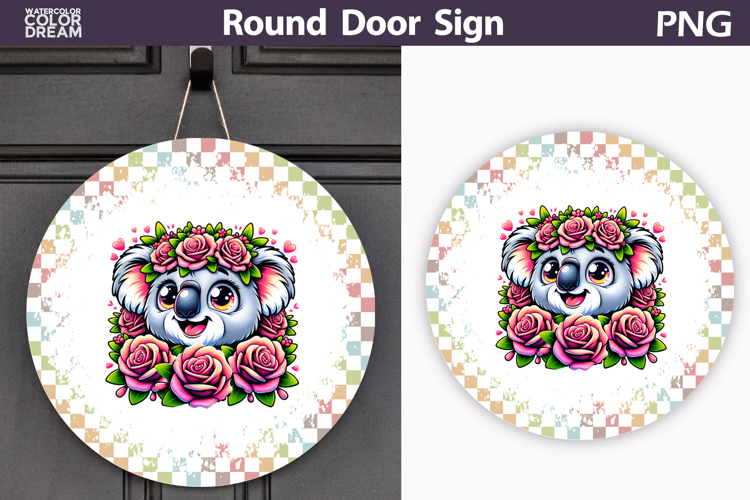 Koala Floral Door Sign | Round Sublimation PNG