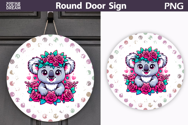 Koala Floral Door Sign | Round Sublimation PNG