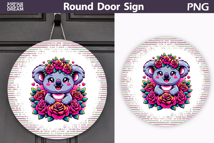 Koala Floral Door Sign | Round Sublimation PNG