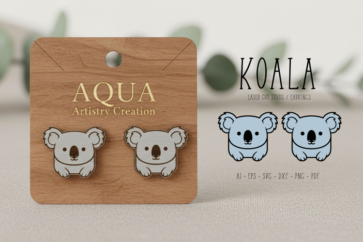 Whimsical Cute KOALA Studs, Earring, Laser Cut SVG Template