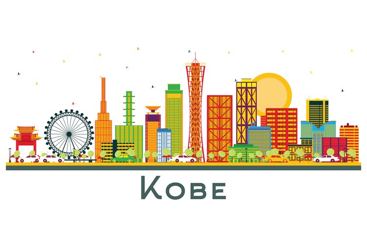 Kobe Japan City Skyline with Color Buildings Isolated. example image 1