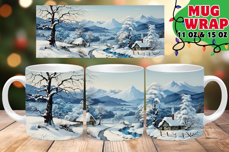 Winter Landscape Watercolor Mug Wrap PNG, Forest, Snow PNG