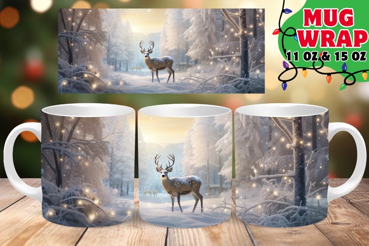 Christmas Deer Watercolor Mug Wrap PNG, Forest PNG, Winter