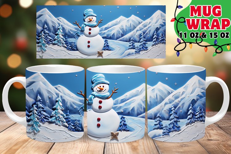 Cute Snowman Watercolor Mug Wrap PNG, Winter Landscape PNG