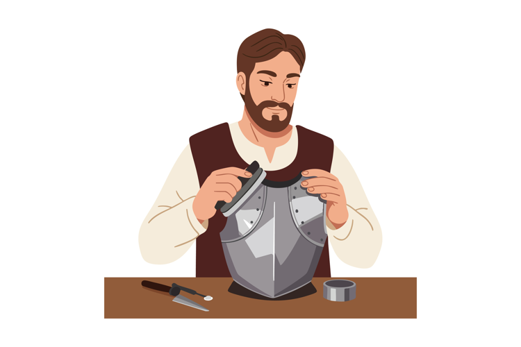 Man repairing medieval armor with tools at wooden table vect