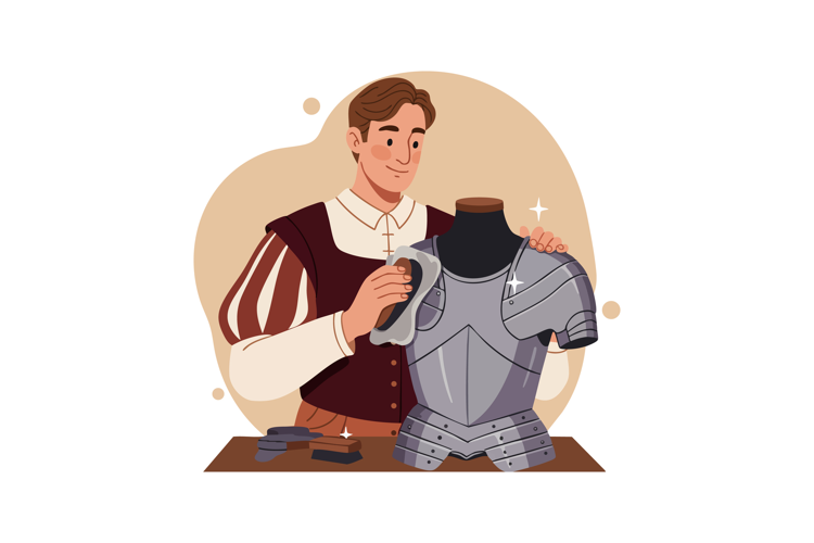 Medieval armor craftsman assembling breastplate in workshop