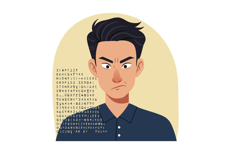 Young man with serious expression and digital code backgroun example image 1