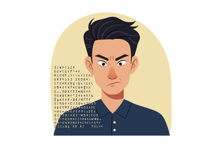 Young man with serious expression and digital code backgroun