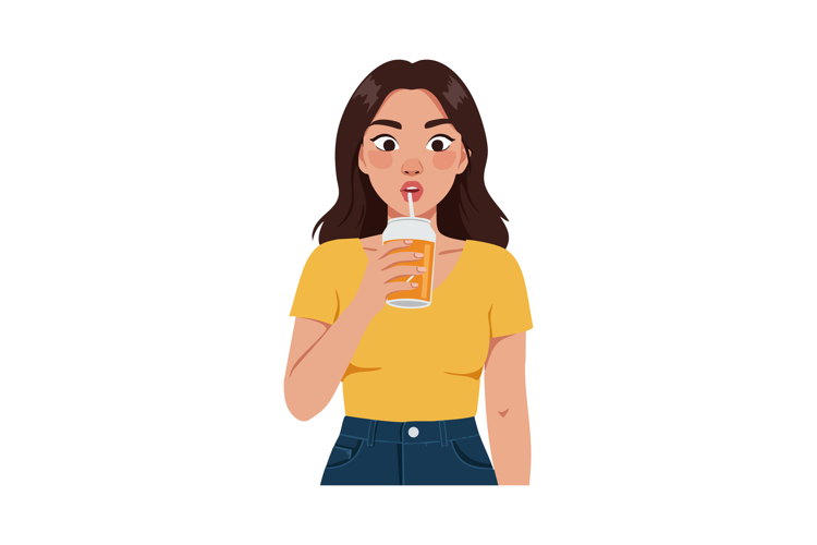 Young woman drinking juice with straw in casual outfit vecto