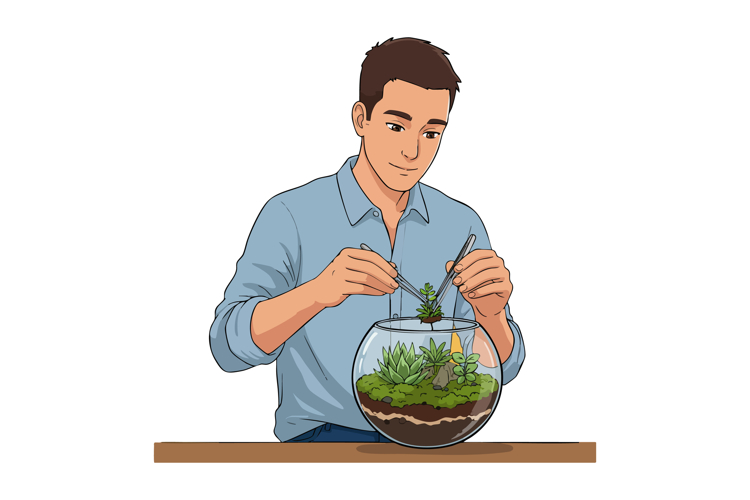 Young man creating succulent terrarium at home with gardenin