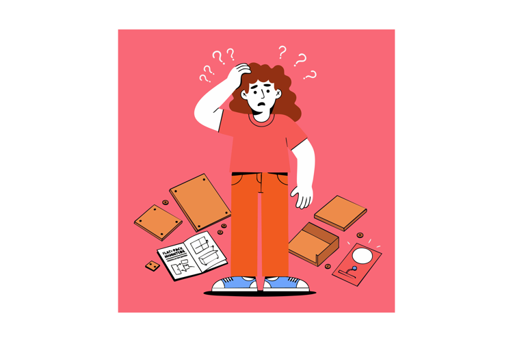 Confused woman surrounded by boxes and instruction manual in