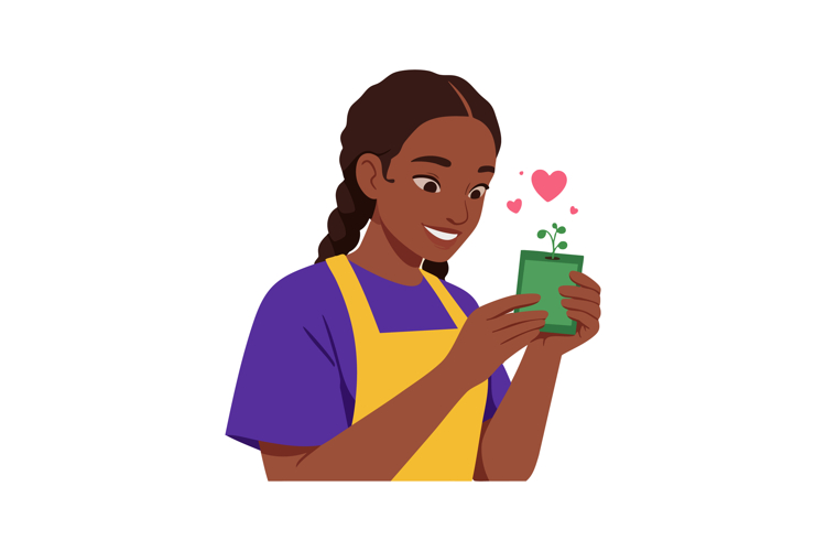 Woman Holding Small Plant with Hearts Above in Yellow Apron
