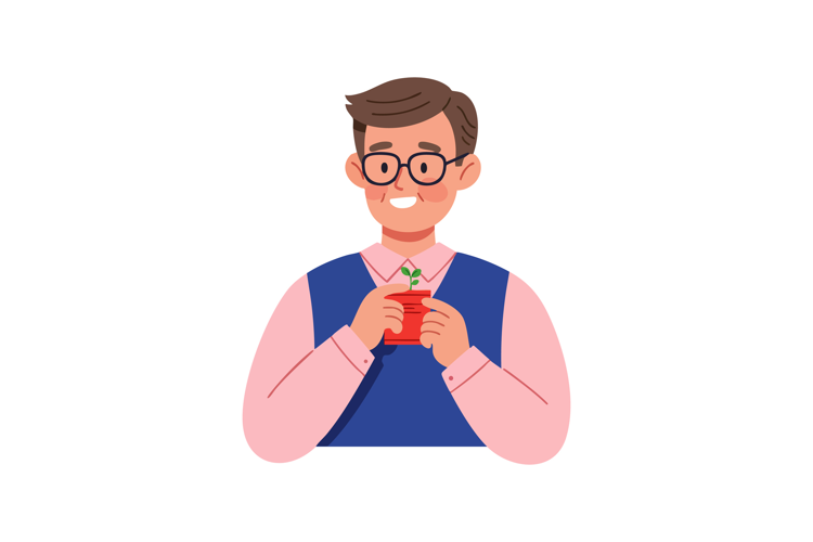 Man holding small potted plant smiling wearing glasses and b