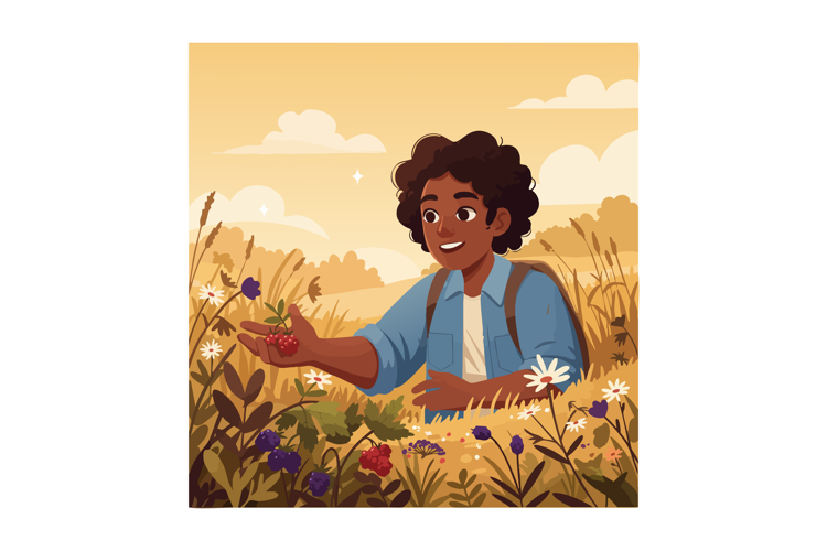 Boy Picking Berries in Golden Field with Wildflowers and Blu