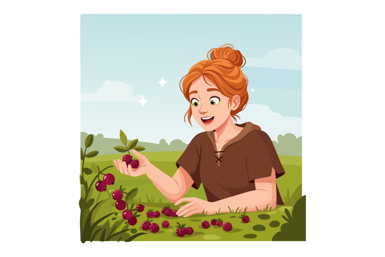 Redhead woman harvesting red berries in green field during d example image 1