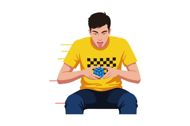 Young man solving Rubiks Cube fast in yellow shirt with chec