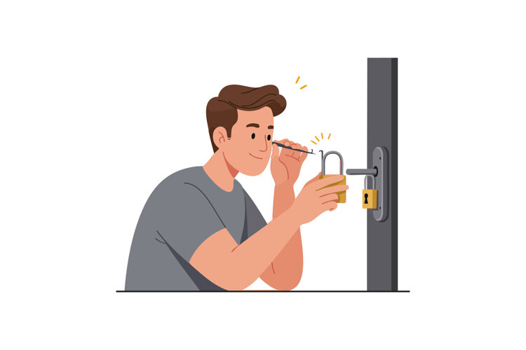 Young man picking lock with lockpick tool in gray shirt vect