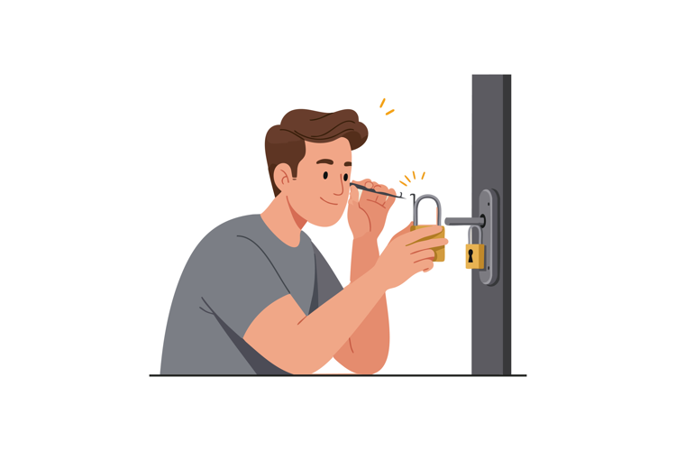 Young man picking lock with lockpick tool in gray shirt vect