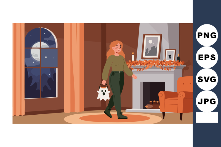 Woman walking in cozy living room at night with autumn decor