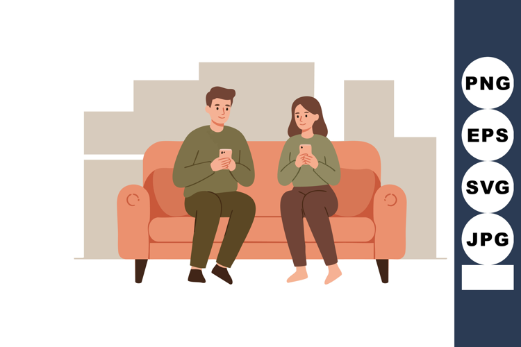 Couple sitting on couch using smartphones in modern living r