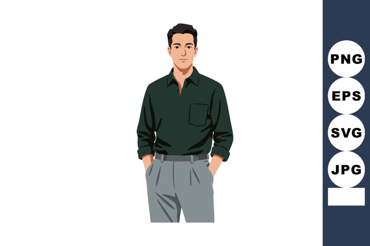 Young man standing with hands in pockets wearing green shirt