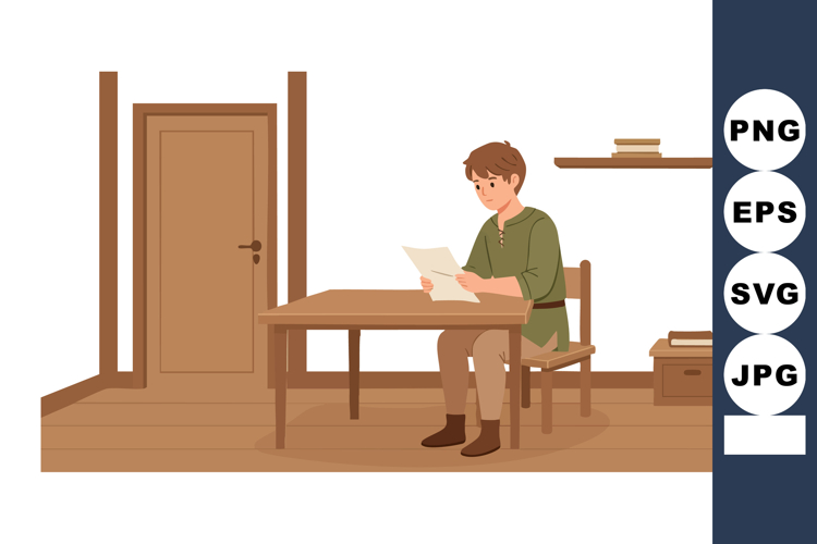 Man Reading Letter in Brown Wooden Room with Shelf and Suitc