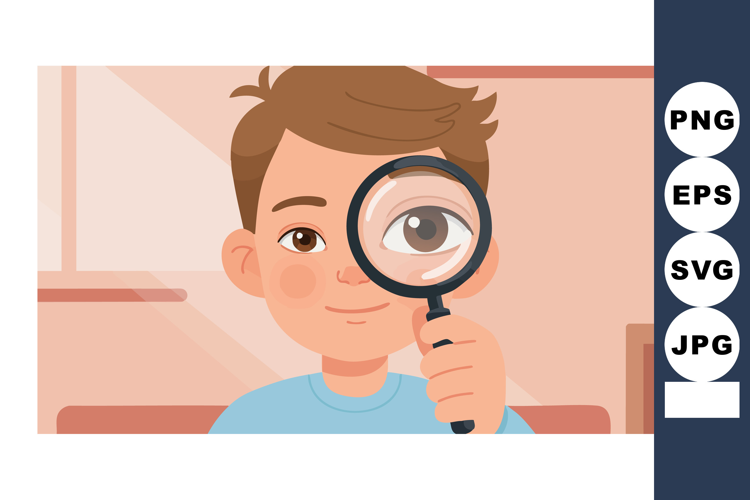 Boy holding magnifying glass close to eye indoor portrait ve