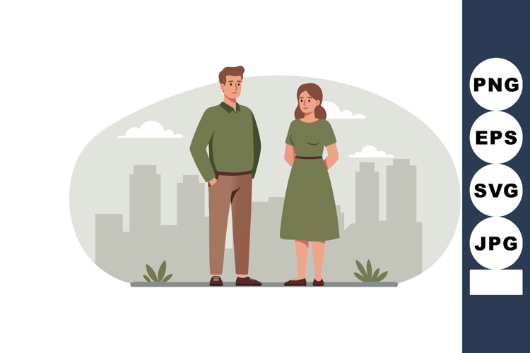 Young man and woman standing in cityscape background casual