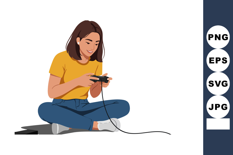 Young woman playing video game with controller sitting cross