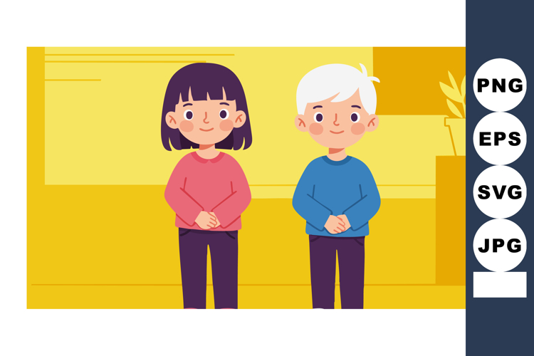 Boy and girl standing together indoors with yellow backgroun