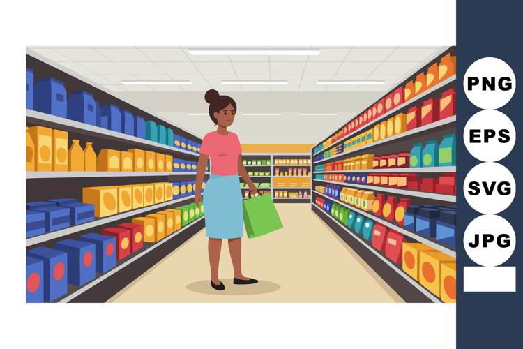 Woman shopping in supermarket aisle with colorful product sh