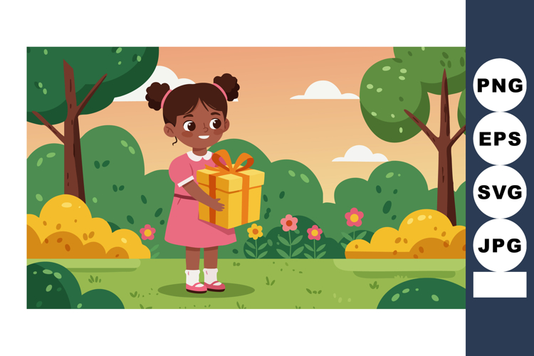 African American girl holding gift box in park during sunset