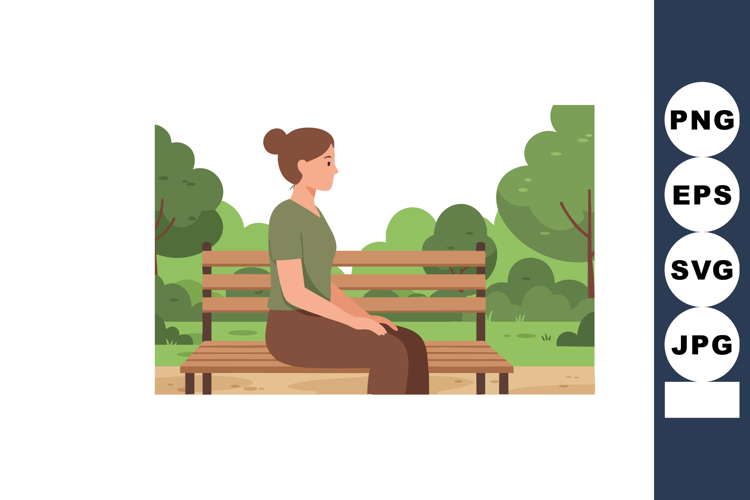 Woman Sitting on Wooden Bench in Green Park Relaxing Outdoor