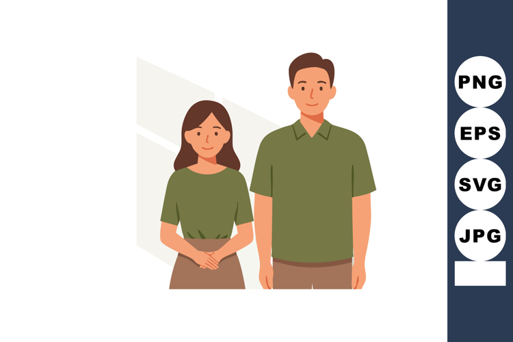 Young couple standing indoors with green shirts and neutral