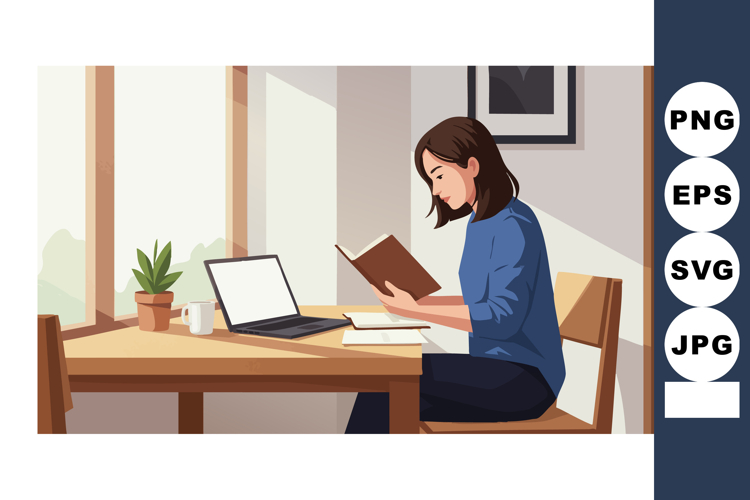 Woman Reading Book at Home Workspace Desk with Laptop and Pl