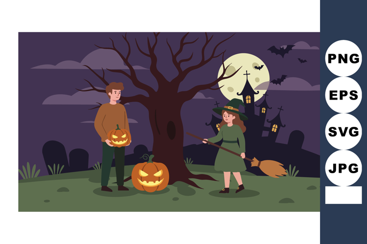 Halloween night scene with children carving pumpkins and spo