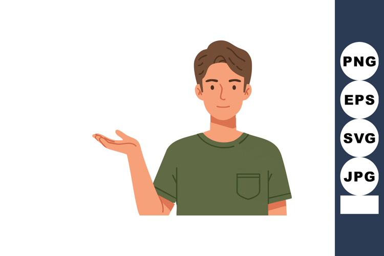 Young man presenting with open hand gesture in green shirt v