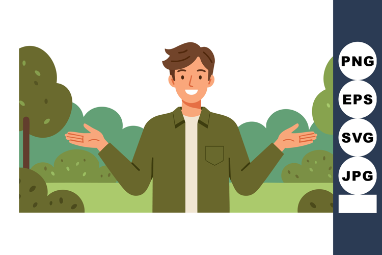 Young man standing in green park with shrugging gesture natu