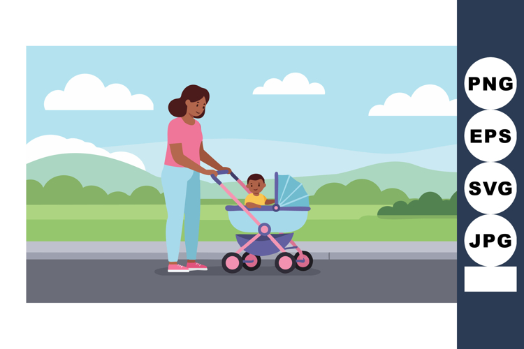 Woman pushing baby stroller on pathway with hills and clouds