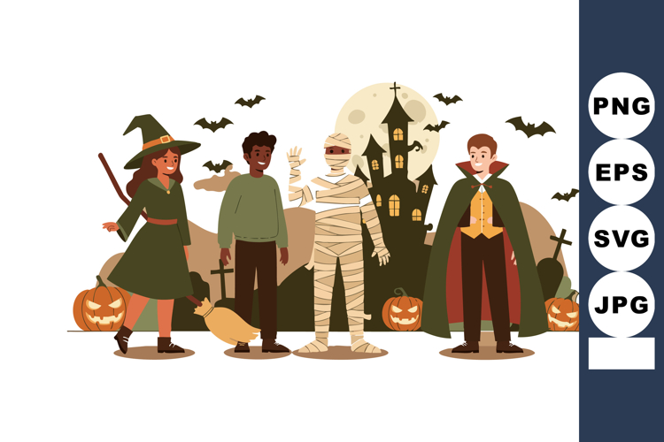 Halloween children costume party with witch vampire and mumm