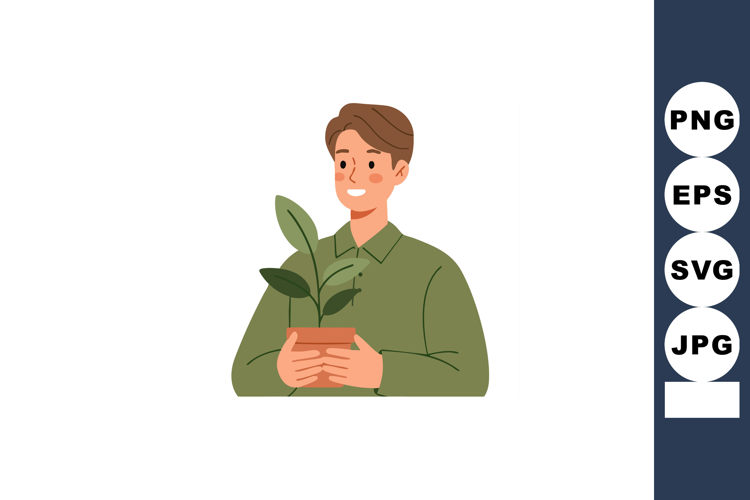 Young man holding potted green plant with smile in casual ou
