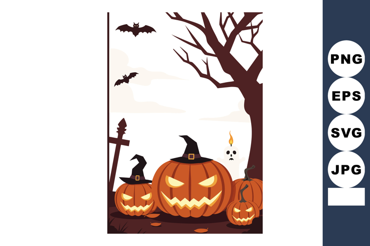 Halloween pumpkins with witch hats and spooky bats near bare