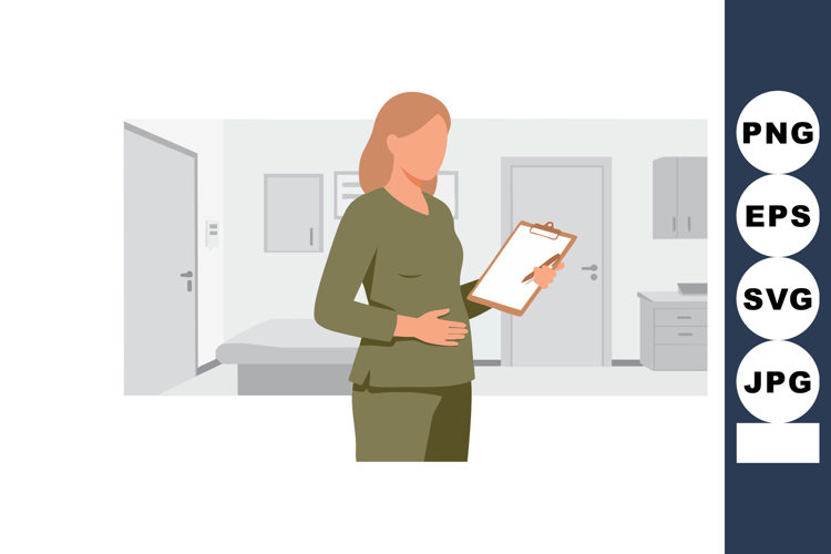 Pregnant woman holding clipboard in medical office environme