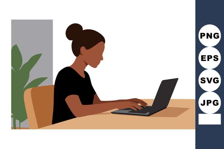 Woman working on laptop at desk with plant in background vec