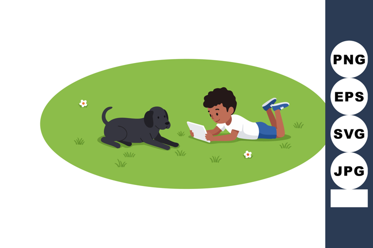 Boy reading book with black dog on green grass outdoors vect