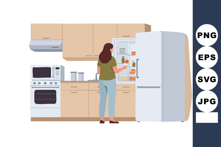 Woman taking food from refrigerator in modern kitchen interi