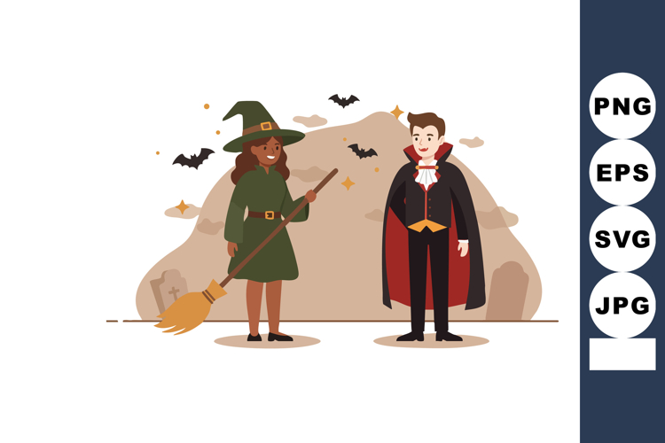Children dressed as witch and vampire for Halloween with bat